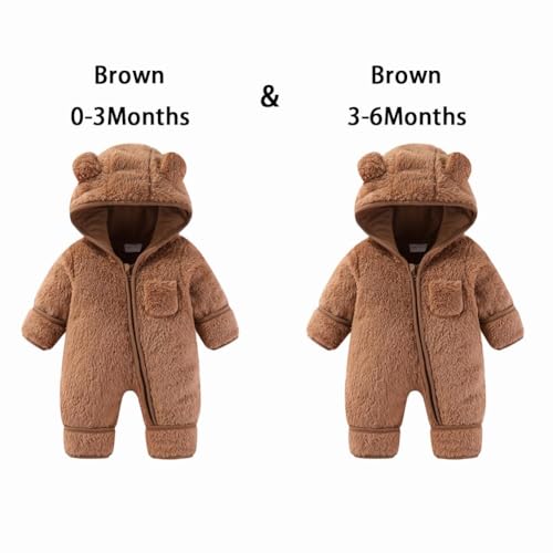 0-3 Months& 3-6 Months Newborn Baby Bear Outfit Suit Fold-Over Mittens Footies Girls Boys Winter Fleece Clothes Hooded Jumpsuit Romper2