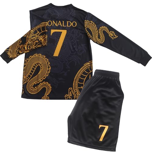 CEKFAX Madrid Ronaldo #7 Special Gold Black Dragon Edition Long Sleeve Football Soccer Kids Jersey Shorts Set Youth Sizes (Black 28 (10-11 Years Old))