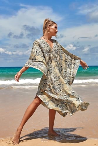 Image of IMAGEKOPE Women's Plus Size Animal Print V-Neck Batwing Kaftan Beach Dress Bathing Suit Cover-Up Loungewear