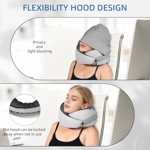 Image of Travel Pillow, Hooded Neck Pillow Airplane for Sleeping, Memory Foam Traveling Pillow for Long Flights, Portable Plane Accessories (Charcoal Black)
