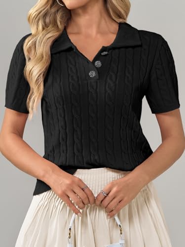 Image of Imily Bela Womens Polo V Neck Pullovers Lightweight Short Sleeve Cable Knit Sweater Business Casual Summer Tops 2025