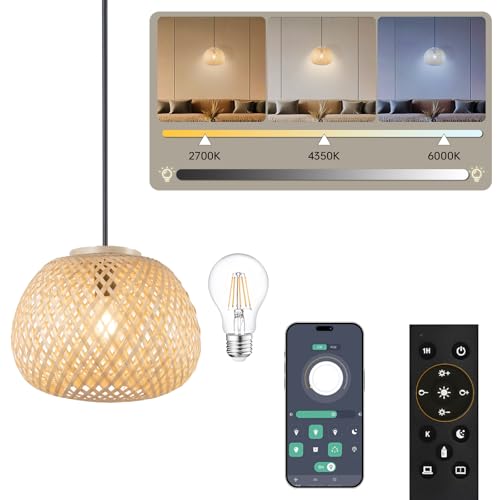 FIRVRE Suspension Bambou Naturel, Lustre Osier Bohème Style, Luminaires Intérieur avec Ampoule et Télécommande, pour Chambre, Salon, Couloir et Cuisine
