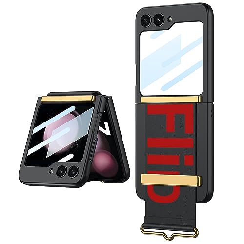 Image of BOUNCEBACK Case Cover with Strap & Back Glass for Samsung Galaxy Z Flip5 / Galaxy Flip 5 Case Cover - (Matte Black | Poly Carbonate | Leather)