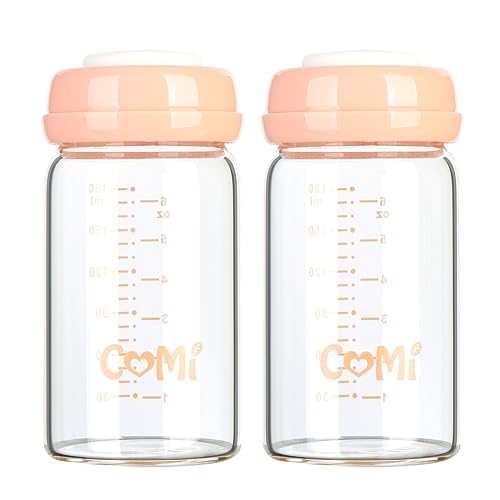 Image of COMI Wide Neck Glass Breastmilk Collection n Storage Bottle, 6oz with Screw Ring Sealing Disk; Re-markable Sealing Disc. BPA Free, Fits Breast Pumps & Nipples (2 Pack Pink Lids)