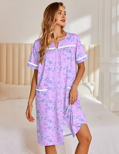 Image of Ekouaer Nightgowns for Women House Dress with Pockets Snap Front House Coat Short Sleeve Duster Moo Moos Sleepwear S-3XL
