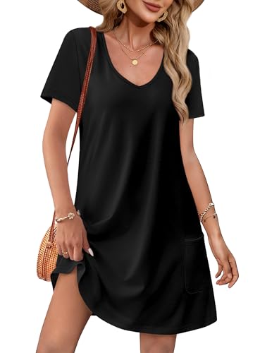 Image of OFEEFAN Summer Dresses for Women 2026 Loose V Neck Short Sleeve Casual T Shirt Dress Sundresses Swimsuit Coverup with Pockets