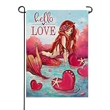 Artofy Hello Love Lake Mermaid Small Decorative Garden Flag, Valentine's Pink Heart Beach Coastal Yard Lawn Outside Decor, Starfish Anniversary Wedding Outdoor Home Decoration Double Sided 12 x 18
