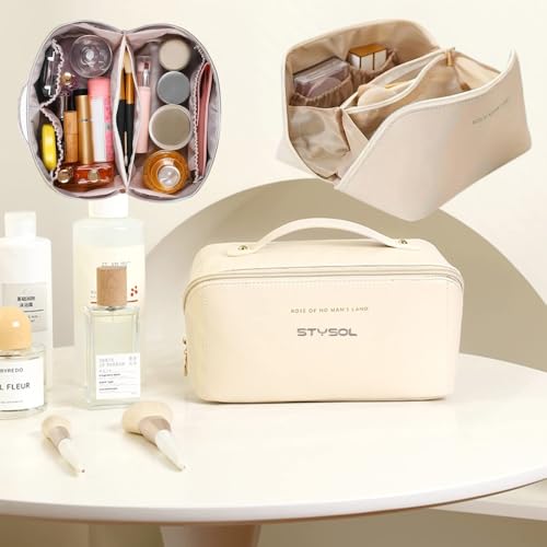 Image of Large Capacity Travel Cosmetic Bag, Leather Makeup Bag with Handle and Divider, Waterproof Cosmetic Bag, Portable Leather Toiletry Bag, Roomy Cosmetic Bag for Women & Girls(White)