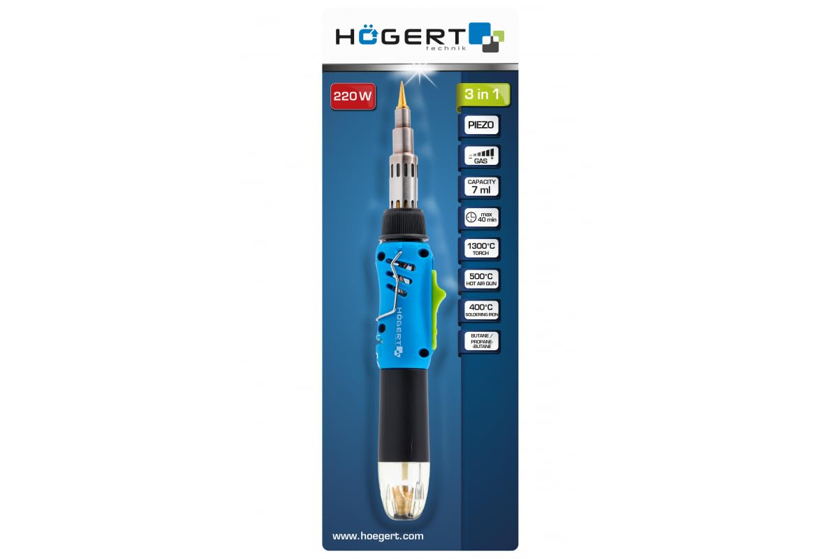 HÖGERT TECHNIK Saldatore a gas 3 in 1, 220 W, accensione piezoelettrica, saldatore (400 °C), bruciatore (1300 °C), senge (550 °C), butano propano, compatto, ergonomico, 40 minuti