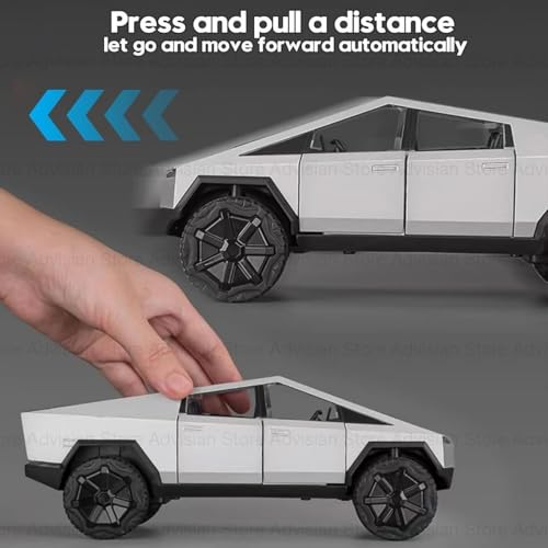 Image of 1:32 Scale Die-Cast Tesla CyberTruck with Pick-Up Trailer with 6 Openable Doors Pull Back Toy Car with Lights & MusicToy Car Gift for Kids (1:32 Cybertruck - Random Color)