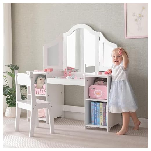 2 in 1 Kids Vanity Set, Princess Makeup Table and Chair with Open Storage Cabinet, Pretend Play Vanity with Detachable Tri-fold Mirror for Little Girls Age 3-9 (White with Chair)