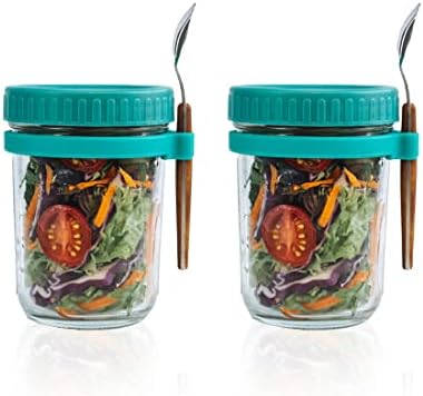 SMARCH Overnight Oats Jars with Lid and Spoon Set of 2, 10 oz Large Capacity Airtight Oatmeal Container with Measurement Marks, Mason Jars with Lid for Cereal On The Go Container (green)
