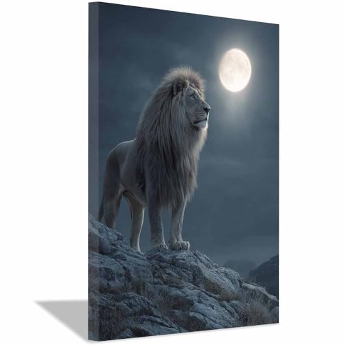 Poster lion déco murale moderne salon affiche encadrée lune animaux sauvages multicolore