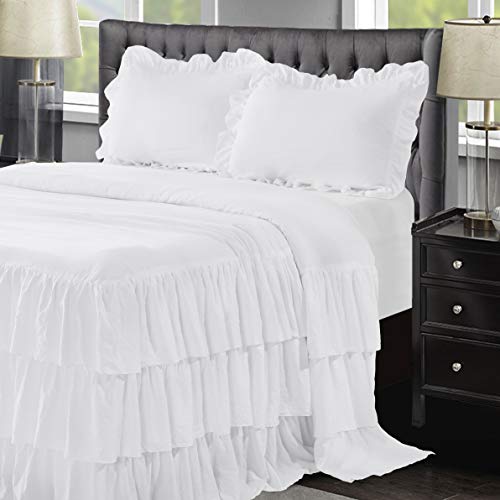 Hig 3 Piece Ruffle Skirt Bedspread Set Queen - White 30 Inches Drop Ruffled Style Bed Skirt Coverlets Bedspreads Dust Ruffles - Bedding Collections Queen Size - 1 Bedspread, 2 Standard Shams (Echo) #TOP6