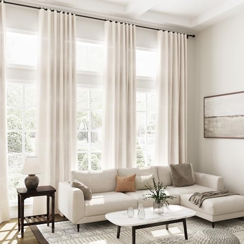 Image of Extra Long Tan Beige Curtains 144 inch Length 2 Panels Set Back Tab Neutral Farmhouse Drapes Light Filtering Semi Sheer Linen Curtain 144 inches Long for Floor to Ceiling Window Patio Sliding Door