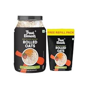 True Elements Rolled Oats with Free Refill Pack 2.2 Kg (1.2 kg + 1 Kg) | 100% Wholegrain | High Protein | High Fibre | Ready to Cook Breakfast | Gluten Free | Oats for Weight Management