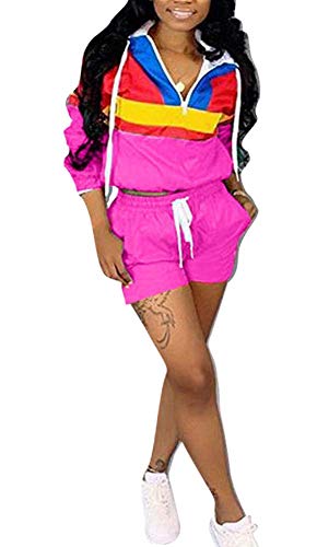 Women 2 Piece Outfit Tracksuit Romper Lightweight Windbreaker Pullover Jacket Crop Top Shorts