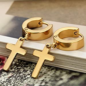 Flongo Men's Womens Vintage Stainless Steel Gold Cross Dangle Hinged Hoop Earrings, Stainless Steel Hoop Huggie Earrings Cross Drop Dangle Earrings #TOP1