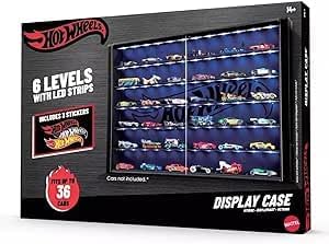 FORCEMAN Large Display Case for 1/64 Scale Model Cars, Display Case 6 Level Car Storage with LED Lights Wood Display Cabinet for Hot Wheels,Mini Toys,Minifigures,Display Case,Black (63L x 7W x 43H cm)