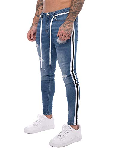 IDEALSANXUN Mens Skinny Ripped Jeans Tapered-Leg Stretch Slim Jeans with Striped (36, Blue)