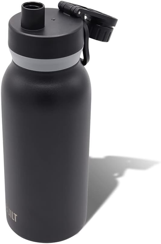 BUILT Wide Mouth Cascade Double Wall Vacuum Insulated Stainless Steel Bottle with Chug Lid, Black, 32 Ounces