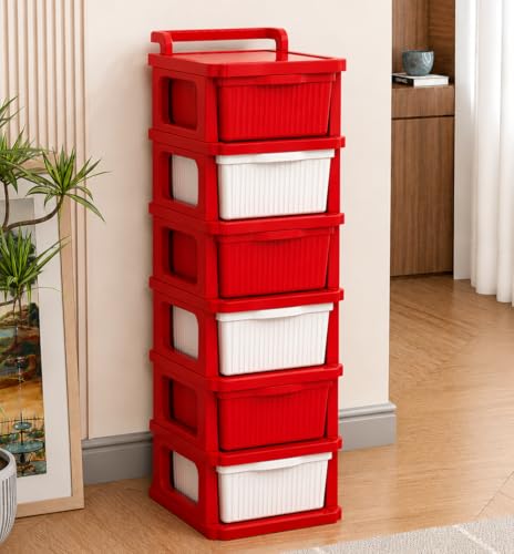Image of JD FRESH 6 Tier Plastic Storage Drawer Cabinet with Wheels /Plastic Storage Drawer /Multipurpose Chest of Drawer /Storage Box for Living Room, Office and Home /Toys Organizer for Kids Room (Red)