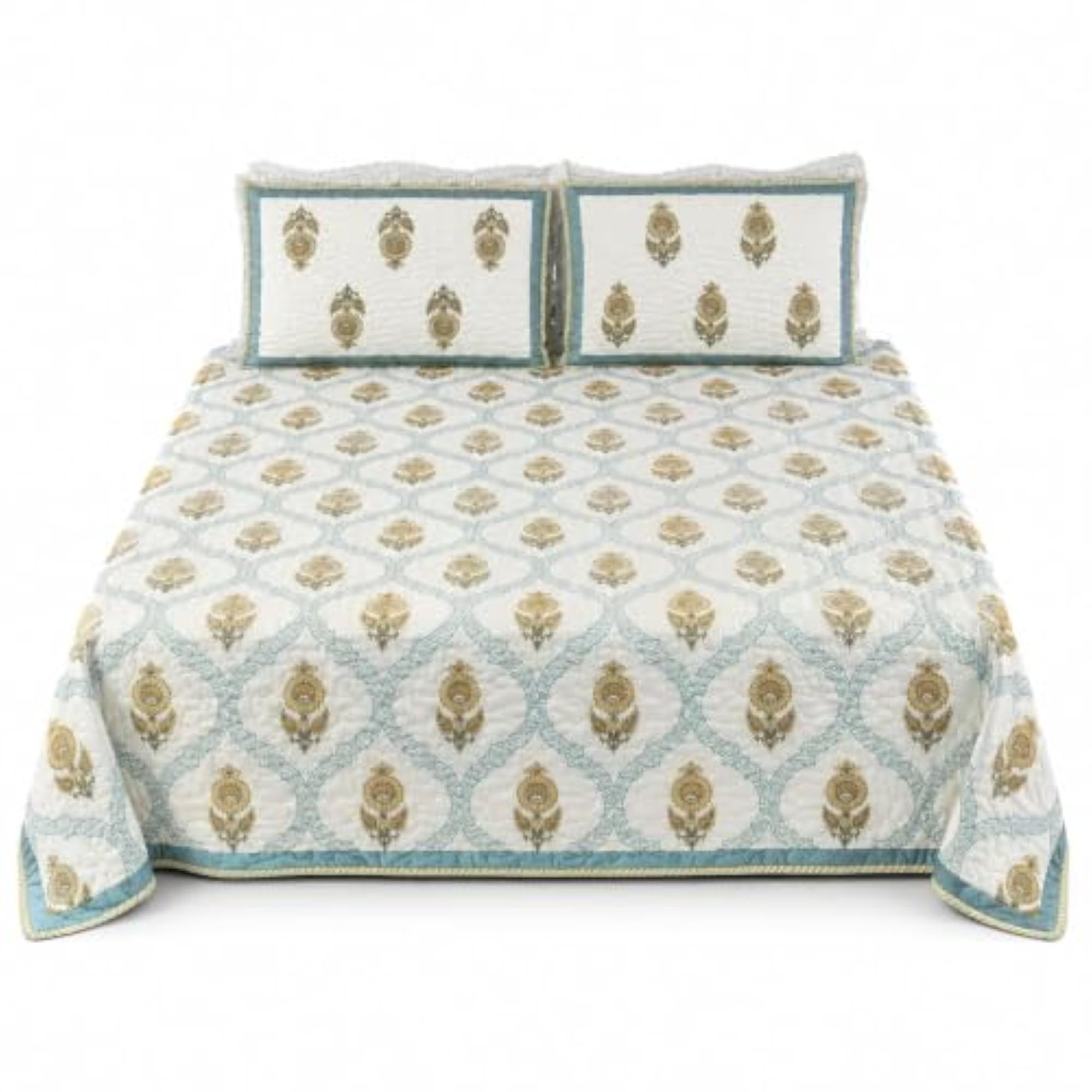 Pure Mulmul Cotton Quilted Bedcover Set with 2 Pillow Covers