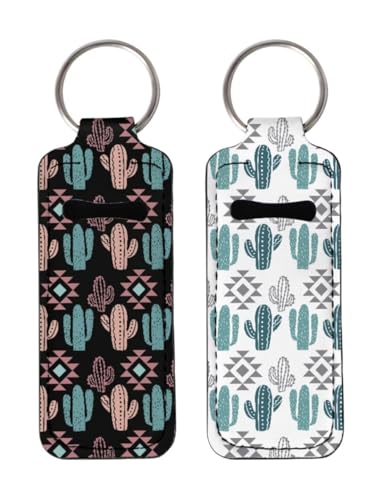 Gearider Aztec - Llavero portátil con estampado geométrico de cactus para pintalabios, funda protectora de neopreno para bálsamo labial, 2 unidades, blanco y negro