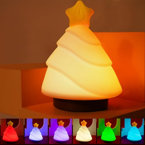 Dewocke Christmas Tree Shaped Night Light, 6 Colours Silicone Baby Night Light Newborn Night Lamp, Bedside Touch Lamp, Rechargeable Night Light Baby Girl Gifts for Girls, Cute Christmas Room Decor