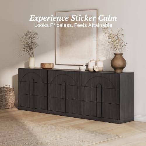 Image of BELLEZE Sideboard Cabinet with 3 Drawers, Set of 3 Modern Wood Buffet Cabinet with Arc Design, Large Fluted Sideboard with Storage for Kitchen Living Room Entryway, Ebony