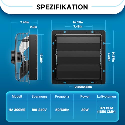 Hon&Guan Industrielle Abluftventilator 300mm EC-Motor Super Luftmenge 1650m³/h Wandventilator mit Teuchtigkeitssensor Temperatursensor Ganzmetallgehäuse Fensterläden Wandlüfter für Keller Garage Attic