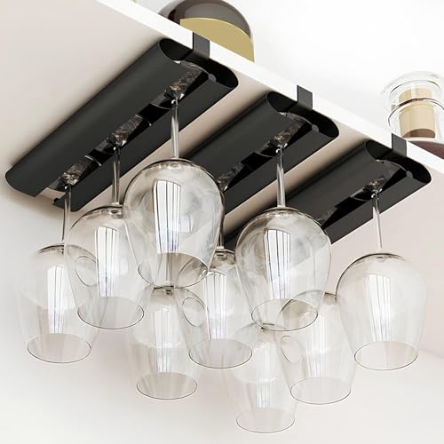 Paquete de 3 soportes para copas de vino montado en la pared, estante debajo del gabinete, instalación sin taladro, ahorro de espacio, almacenamiento de secado de cristalería, color negro (10.2 x 3.9