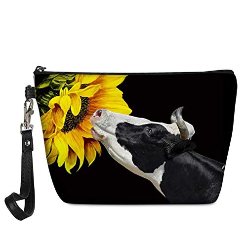 Renewold Multifunctional Waterproof Makeup Cases Cosmatic Bags Travel Toiletry Pouch Small Storage Bags Purse for Women Girls Sunflower with Cow Print