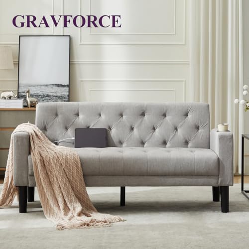 GRAVFORCE Sofa 2 Sitzer Couch mit 2 Ladeports und 2 Becherhaltern 157cm 2er Sofa Klein für Jugendzimmer, Wohnzimmer, Wohnung, Büro, Einfache Montage Stoff Hellgrau