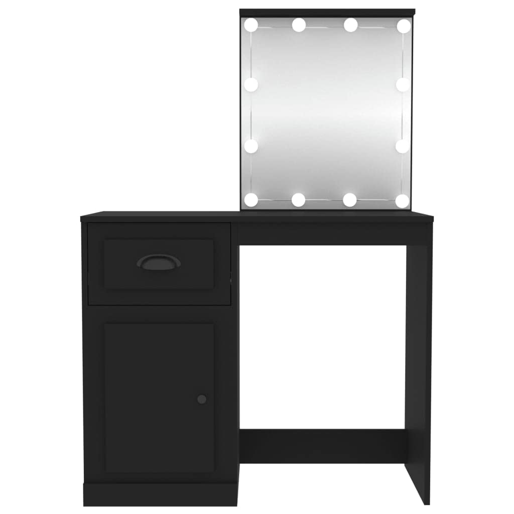Toaletka czarna z oświetleniem LED, 90 x 50 x 132,5 cm, nowoczesne wzornictwo, duże lustro, dużo miejsca do przechowywania makijażu, materiał drewnopochodny, podświetlana toaletka do sypialni