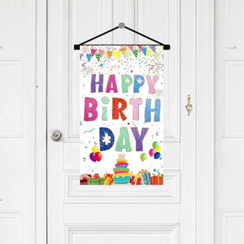 Image of Colorful Happy Birthday Sign Decorations Birthday Door Banner Hanging Decor for Front Door Wall Room, White Colourful Compact Bday Flag Party Supplies for Teens Girls Boys Kids