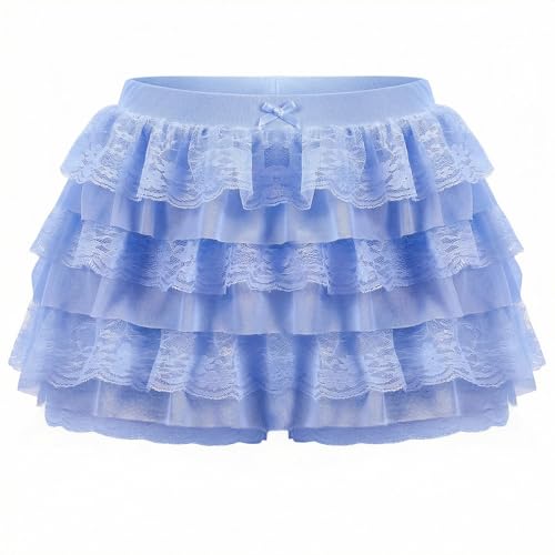 ROLOSI Women Ruffle Shorts Lace Multi-Layered Bloomers Lolita Bloomers Cute Pumpkin Pants Sexy Boyshorts Mini Shorts Pettipants Light Blue