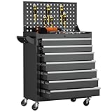 Greenvelly 7-Drawer Metal Tool Chest, Rolling Tool Chest with Wheels, Tool Cabinet with Pegboard and Hooks, Metal Tool Cart with Handle for Garage, Workshop, Warehouse (Black)