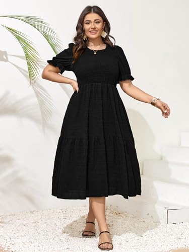 SCOMCHIC Womens Plus Size Summer Dresses 2025 Casual Puff Short Sleeve Crewneck Smocked Flowy Ruffle Boho Party Maxi Dress3