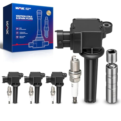 Image of KAX 4 Ignition Coils & 4 Iridium Spark Plugs for Saab 9-3 2004-2011 2.0L | w /Magnetic Swivel Spark Plug Socket, Fits 9-3X 2010-2011, Replaces UF526, 5344