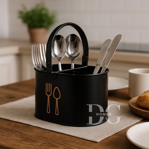 Image of D&G Homes Metal Cutlery Holder for Kitchen, Spoon Stand for Dining Table | Multi-Compartment Organizer | Rust-Resistant | Compact & Stylish | Kitchen & Dining Use| Easy to Clean| 17x12x10cm | Black