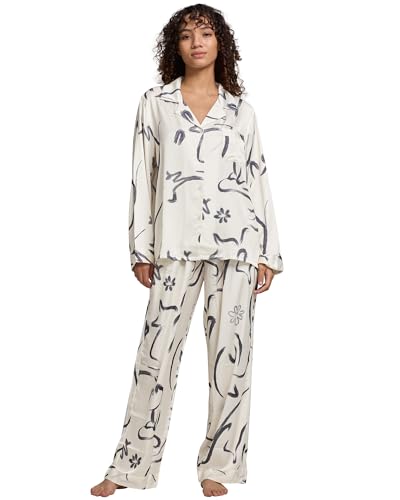 Image of YiNi LuLu Womens Silk Satin Pajamas Set Button Down 2 Piece Pjs Long Sleeve Oversized Sleepwear with Pockets
