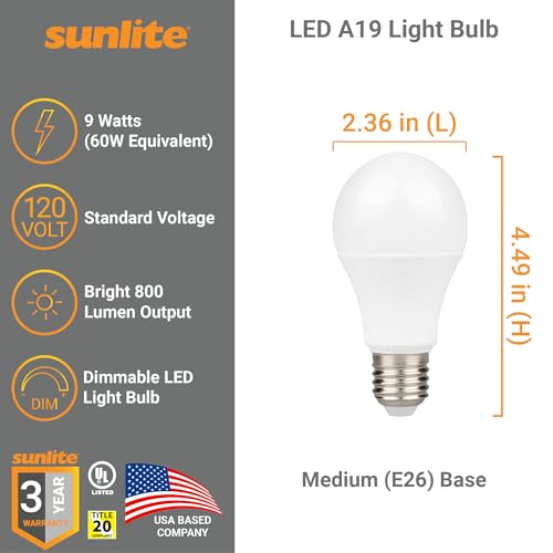 Sunlite LED A19 Light Bulb, 9 Watts (60W Equivalent), 800 Lumens, 120V, Dimmable, Medium E26 Base, 90 CRI, 230 Degree Beam Angle, UL Listed, Title-20 Compliant, 6500K Daylight, 6 Pack by Sunlite - Image 2