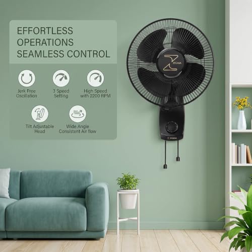 Image of ZIGMA Charm 300 MM High Speed Wall Fan - Powerful Airflow, Sleek Design, Silent Operation, Easy Mount Wall Mounted Fan for Home and Office (Black)