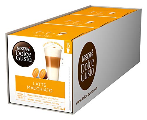 NESCAFÉ Dolce Gusto Latte Macchiato, XXL-Vorratsbox, 90 Kaffeekapseln, Aromatischer Espresso, 3-Schichten-Köstlichkeit aus feinem Milchschaum, Aromaversiegelte Kapseln, 3er Pack (3 x 30 Kapseln)