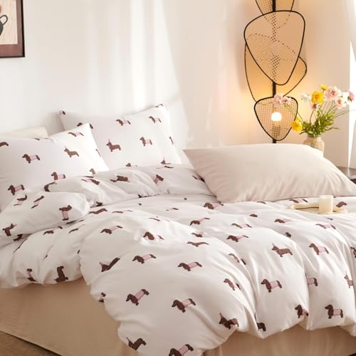 Tospass Dackel Bettwäsche 135x200cm Weiß Rosa Braun Dachshund Mädchen Wendebettwäsche-Set Mikrofaser Hundemuster Deckenbezug Kinder Teen Bettbezug mit Reißverschluss und Kissenbezug 80x80cm