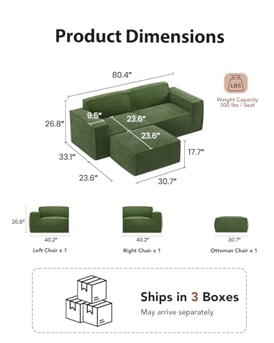 Amada 80" L Shaped Sofa Modular, Corduroy Clopud Couches with Deep Seats &High-Back, Upholstered Couches for Living Room Bedroom with Ottoman, No Assembly Required(2-Seater&1 Ottoman,Green) - Image 3
