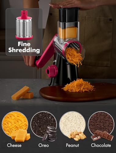 Image of Cheese Grater Rotary, Rotary Grater for Kitchen, Kitchen Vegetable Slicer with 3 Drum Blades, Fast Cutting Cheese Shredder for Vegetables and Nuts (Black+Rosy, 3 BLADES)