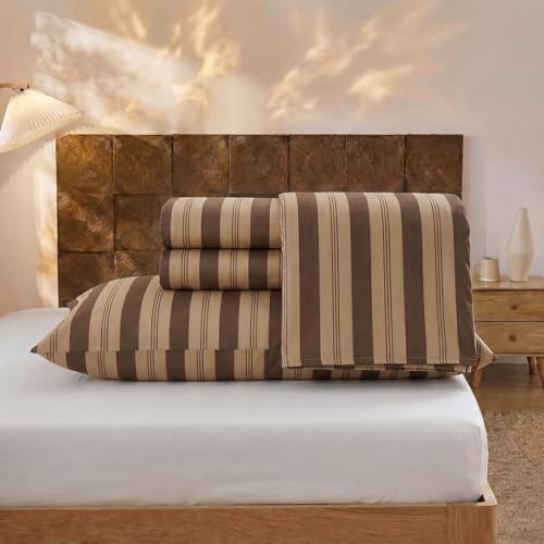 Image of Merryword 100% Cotton Sheet Set Queen Size - Brown Striped Bedding, Soft Breathable Percale Weave, Deep Pocket Fitted Sheet 17.5 inch, Luxury & Silky Soft Sheet Set for All Seasons