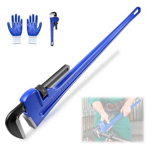 Maeklon 60 Inch Pipe Wrench Max 9/228mm Jaw Opening with 8 Pipe Wrench & Gloves. Heavy Duty Carbon Steel Straight Handle Adjustable Plumbing Tool for Mechanics Plumbing Construction Work